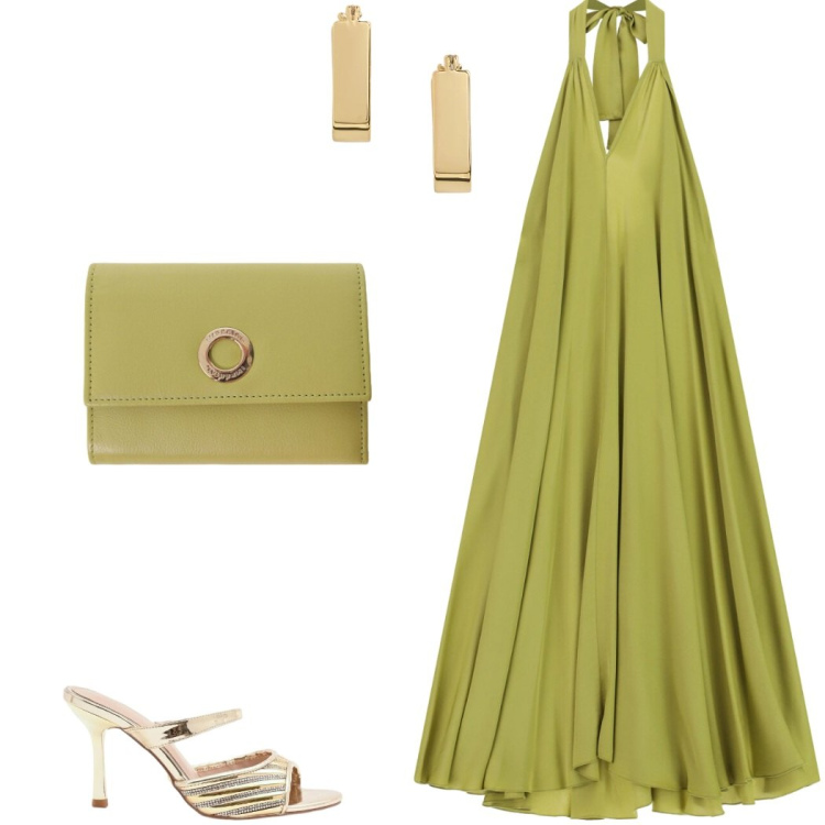 Outfit donna - Summer Sale style. Stile Chic per Serata fuori. Abbinamento con vestiti lunghi, sabot, portafogli, orecchini.