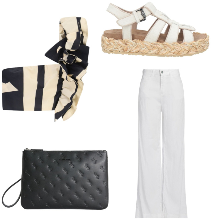 Outfit donna - Geometrie sofisticate. Stile Chic per Tutti i giorni. Abbinamento con jeans, espadrillas, anelli, top.