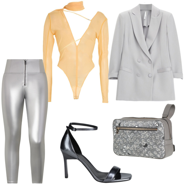 Outfit donna - Touch yellow. Stile Romantica per Serata fuori. Abbinamento con marsupi, sandali in pelle, body, blazer, pantaloni skinny.