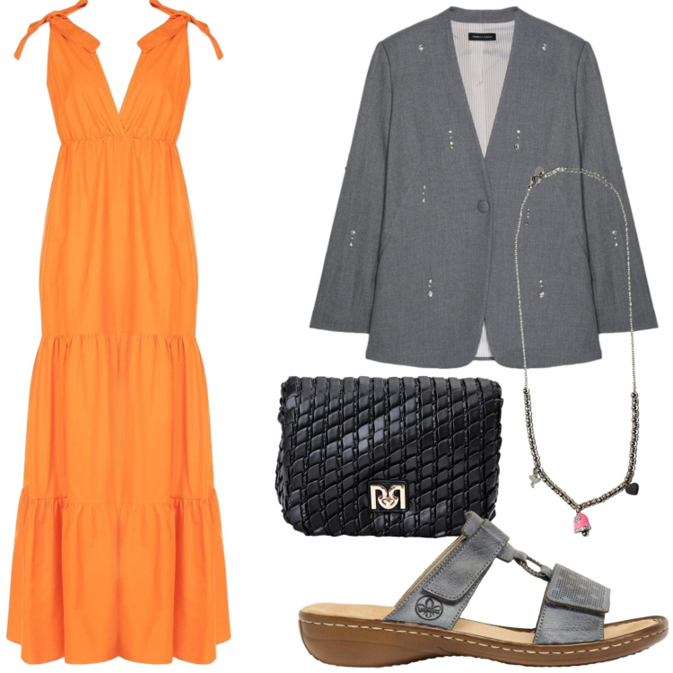 Outfit donna - Eleganza disinvolta. Stile Romantica per Serata fuori. Abbinamento con ciabatte, borse a tracolla, vestiti lunghi, blazer, ciondoli.