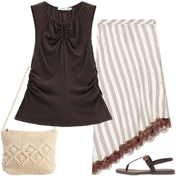 Outfit donna - drappeggi e asimmetrie. Stile Casual chic per Tutti i giorni. Abbinamento con gonne longuette, top, borse a tracolla, sandali.