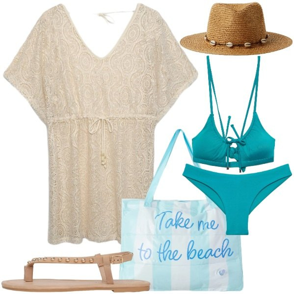 Outfit donna - Terranova Summer Essentials. Stile Glamour per Mare. Abbinamento con caftani, bikini, ciabatte, bikini, cappelli, borse tote.