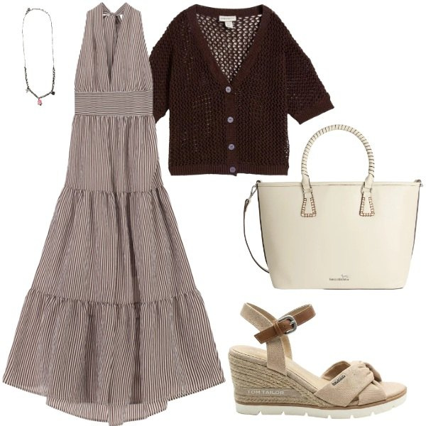 Outfit donna - righe verticali. Stile Casual chic per Tutti i giorni. Abbinamento con cardigans, sandali col tacco, vestiti lunghi, shopping bag, ciondoli.