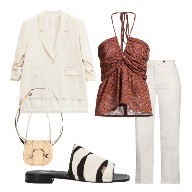 Outfit donna - Colori neutri. Stile Preppy per Cerimonia. Abbinamento con marsupi, jeans dritti, sandali in pelle, top, blazer.