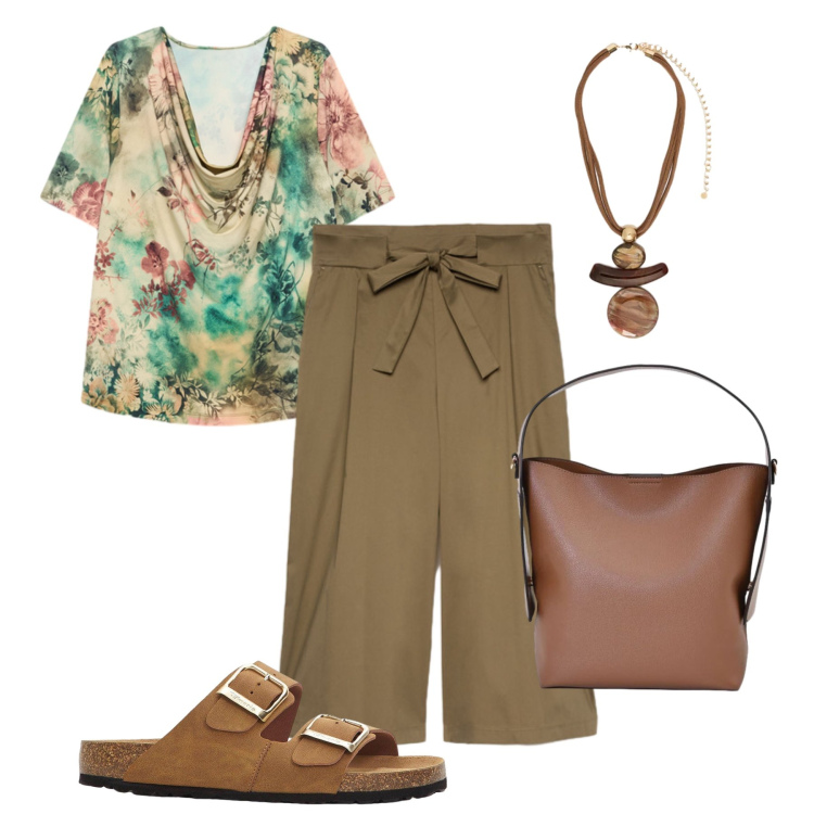 Outfit donna - Stampa acquerello. Stile Urban per Tutti i giorni. Abbinamento con ciabatte, bluse, ciondoli, pantaloni, borse a mano.