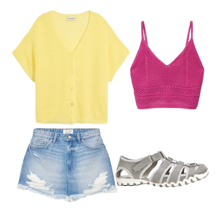 Outfit donna - Colorata per il giorno. Stile Trendy per Tutti i giorni. Abbinamento con cardigans, sandali, top, shorts.