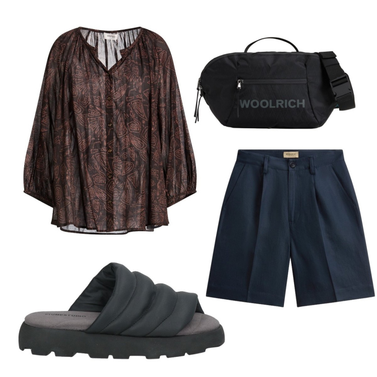 Outfit donna - Luglio. Stile Trendy per Tutti i giorni. Abbinamento con camicie, sandali col tacco, pantaloni corti, borse a tracolla.