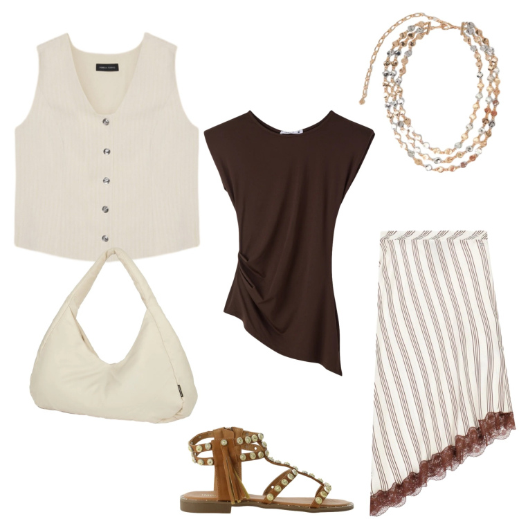 Outfit donna - Drappeggi asimmetrici. Stile Boho per Serata fuori. Abbinamento con top, sandali, gonne longuette, collane, gilet, borse a spalla.