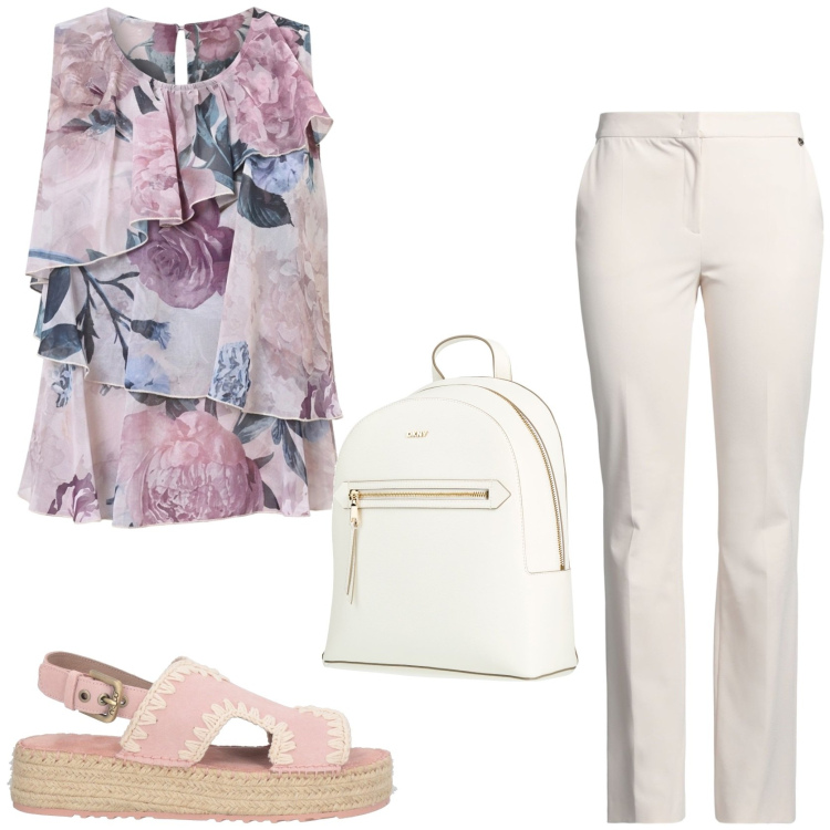 Outfit donna - Look romantico. Stile Romantica per Tutti i giorni. Abbinamento con zaini, espadrillas, pantaloni, top.