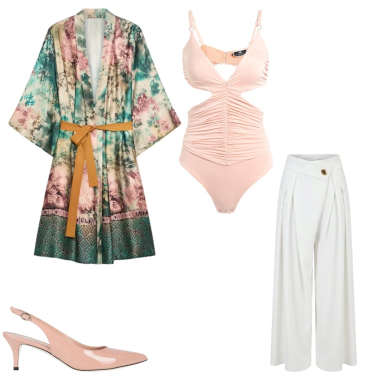 Outfit donna - Total look #2436679. Abbinamento con body, décolleté, pantaloni a palazzo, kimono.