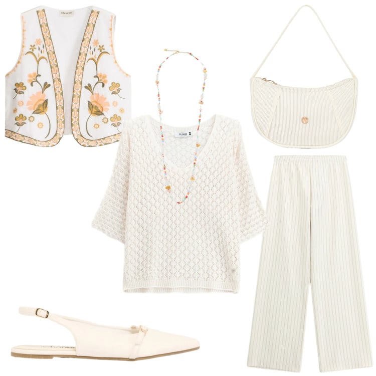 Outfit donna - Bianco con dettagli. Stile Trendy per Serata fuori. Abbinamento con gilet, ballerine, borse a mano, canottiere, pantaloni a palazzo, collane.
