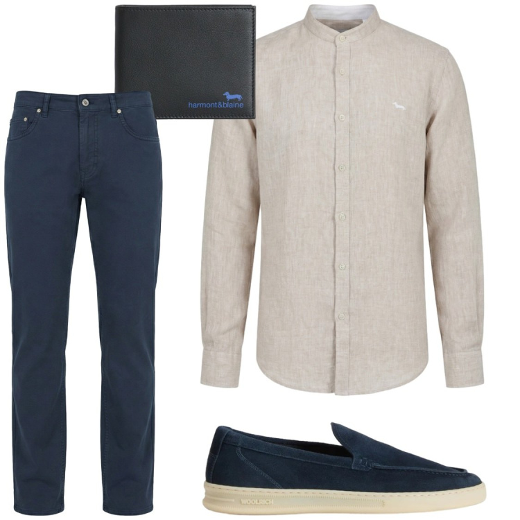 Outfit uomo - Beige e blu. Stile Trendy per Serata speciale. Abbinamento con portafogli, pantaloni, camicie, scarpe stringate.