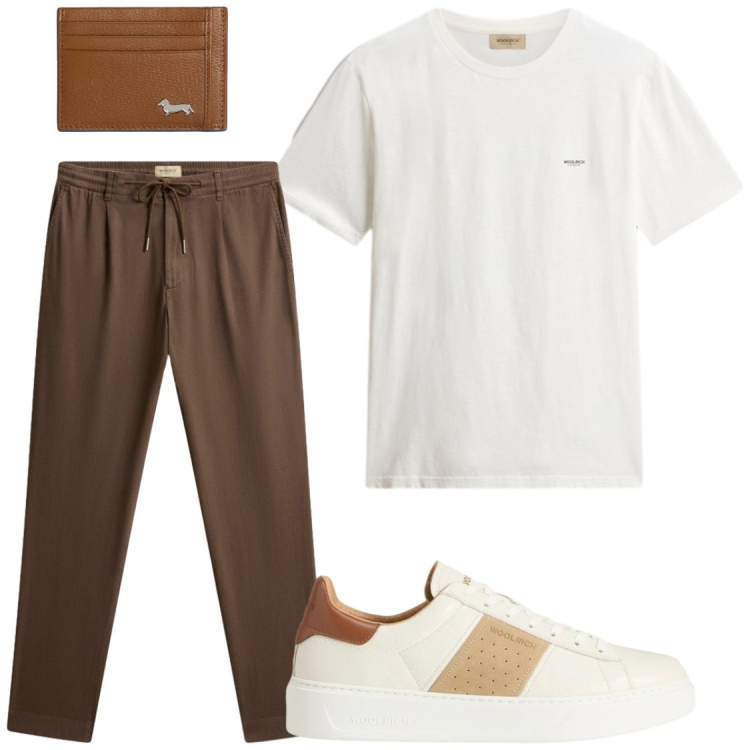Outfit uomo - Marrone e bianco. Stile Trendy per Serata speciale. Abbinamento con portafogli, sneakers, pantaloni, t-shirt.