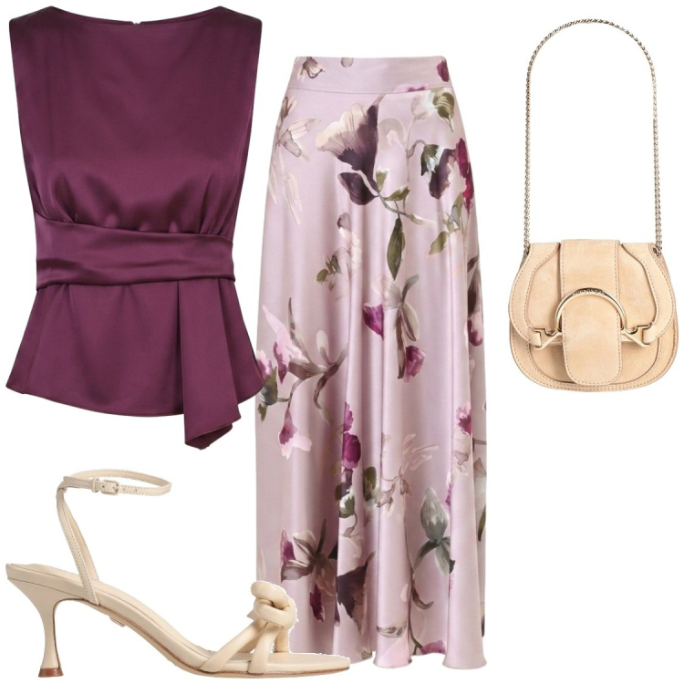 Outfit donna - Eventi estivi. Stile Bon Ton per Serata fuori. Abbinamento con marsupi, sandali in pelle, gonne lunghe, top.