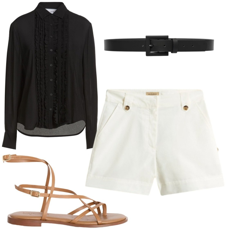 Outfit donna - Camicie versatili. Stile Glamour per Serata fuori. Abbinamento con camicie, cinture, sandali in pelle, pantaloni corti.