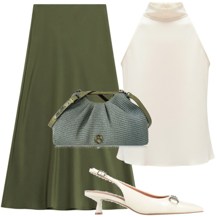 Outfit donna - Verde su panna. Stile Chic per Serata fuori. Abbinamento con décolleté, clutch, canottiere, gonne lunghe.