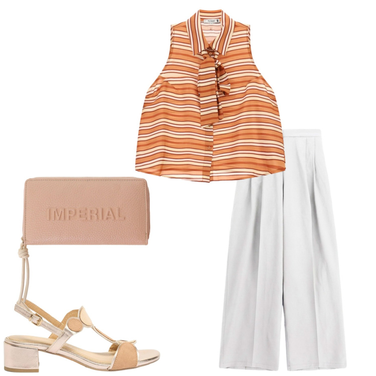 Outfit donna - Stampe che illuminano. Stile Casual chic per Ufficio. Abbinamento con sandali col tacco, portafogli, pantaloni a palazzo, camicie.