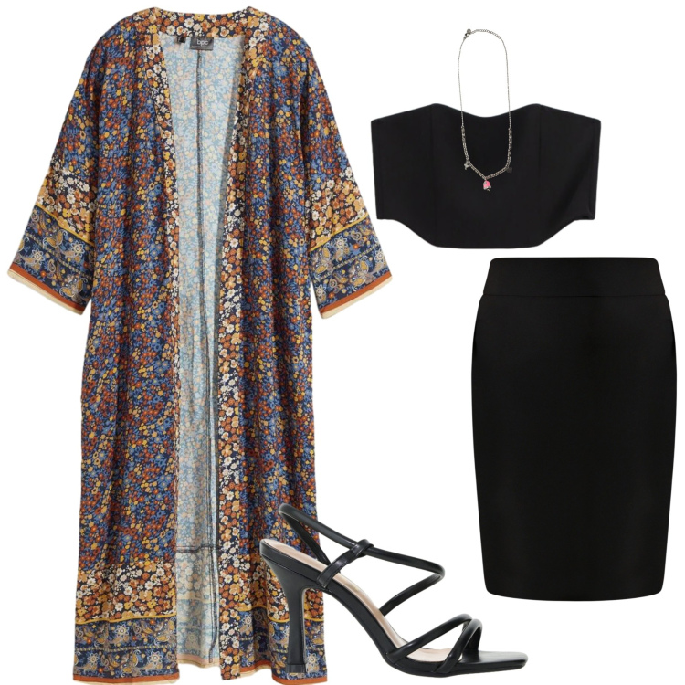 Outfit donna - Aperitivo d\'estate. Stile Casual chic per Serata fuori. Abbinamento con kimono, gonne, top, sandali col tacco, ciondoli.