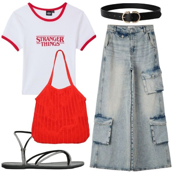 Outfit donna - Total look #2436723. Stile Casual per Tutti i giorni. Abbinamento con jeans, t-shirt, shopping bag, cinture, sandali.