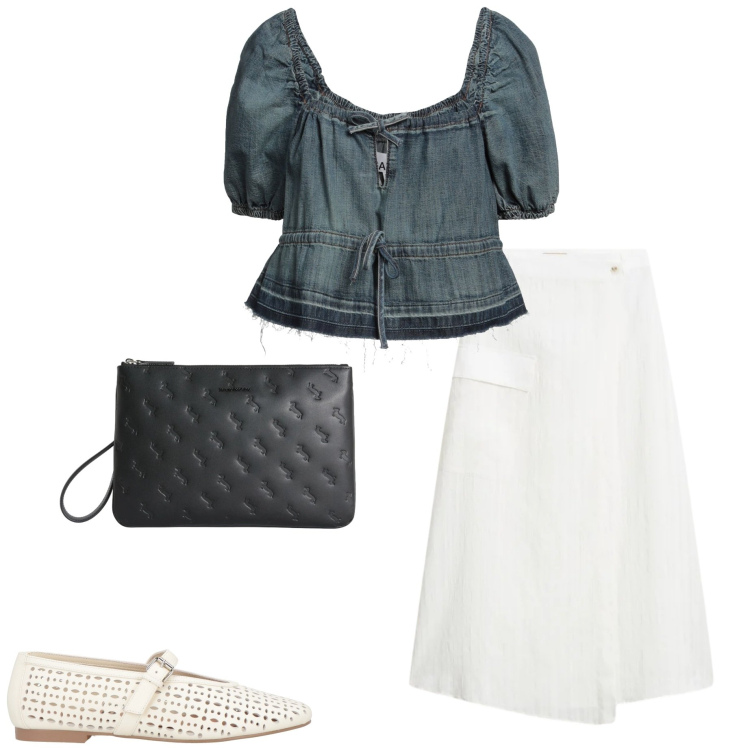 Outfit donna - Aperitivo d\'estate. Stile Casual chic per Serata fuori. Abbinamento con top, ballerine, anelli, gonne.