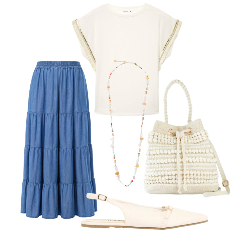 Outfit donna - Total look #2436725. Stile Romantica per Ufficio. Abbinamento con ballerine, borse a secchiello, gonne lunghe, t-shirt, collane.