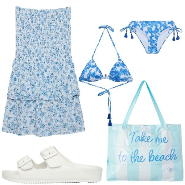 Outfit donna - Total look #2436741. Stile Basic per Mare. Abbinamento con vestiti corti, ciabatte, bikini, borse tote, bikini.