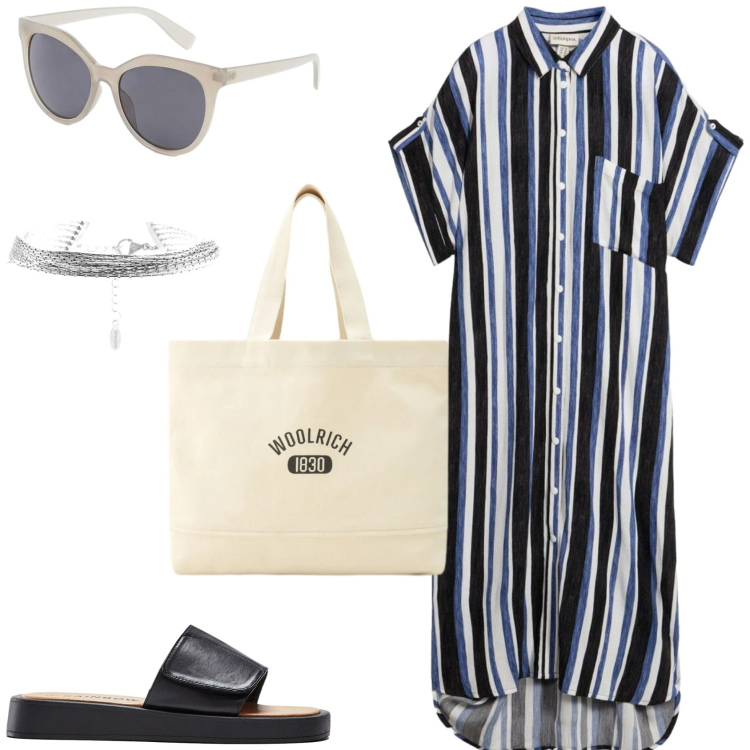 Outfit donna - L\'outfit fresco e vacanziero. Stile Casual chic per Tutti i giorni. Abbinamento con vestiti, occhiali da sole, ciabatte, braccialetti, borse tote.