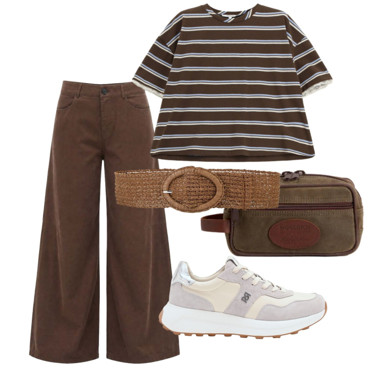 Outfit donna - Total look #2436747. Stile Basic per Tutti i giorni. Abbinamento con cinture, pantaloni a palazzo, t-shirt, valigie, sneakers.