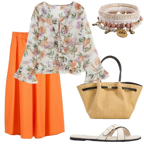 Outfit donna - Total look #2436752. Stile Etnico per Tutti i giorni. Abbinamento con bluse, braccialetti con ciondoli, gonne longuette, ciabatte, shopping bag.