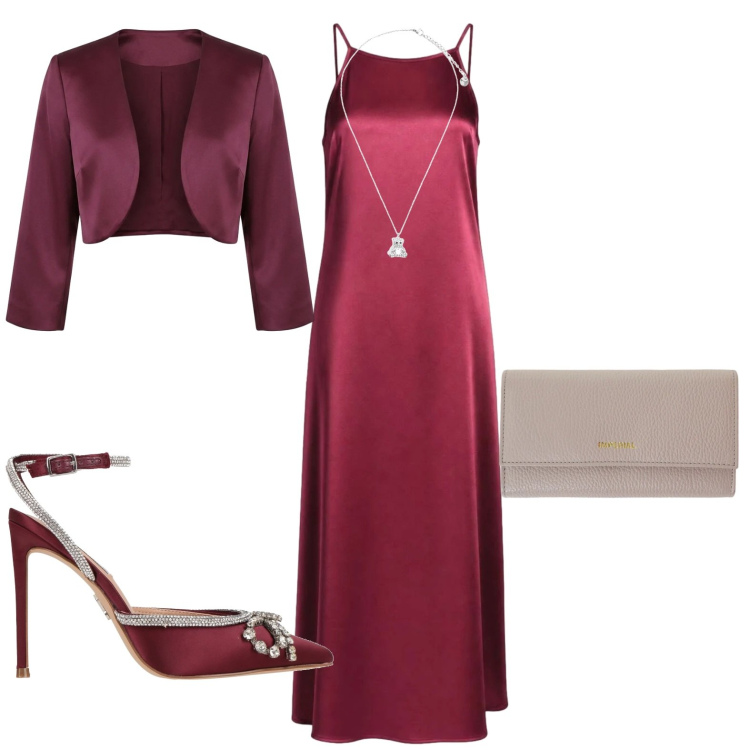 Outfit donna - Chic. Stile Chic per Serata fuori. Abbinamento con décolleté, vestiti lunghi, ciondoli, bolero, portafogli.