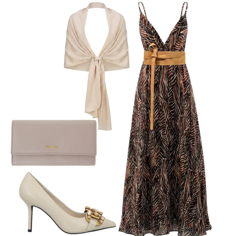 Outfit donna - Serata. Stile Chic per Serata fuori. Abbinamento con décolleté, vestiti lunghi, cinture, stole, portafogli.