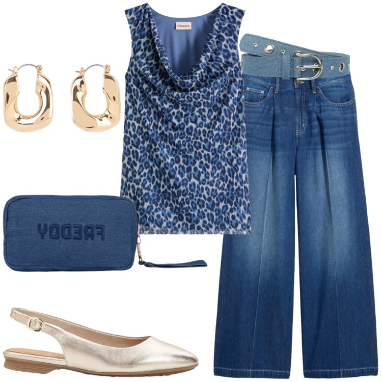 Outfit donna - Jeans. Stile Casual per Ufficio. Abbinamento con top, jeans, ballerine, orecchini, cinture, pochette.