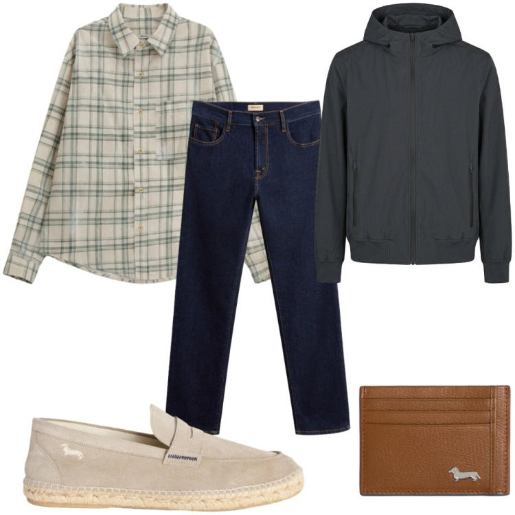 Outfit uomo - Total look #2436781. Stile Casual per Ufficio. Abbinamento con portafogli, espadrillas, bomber, pantaloni, camicie.
