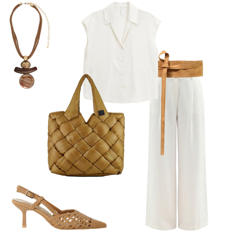 Outfit donna - Aperitivo d\'estate. Stile Casual chic per Serata fuori. Abbinamento con pantaloni a palazzo, camicie, décolleté, cinture, ciondoli, borse tote.