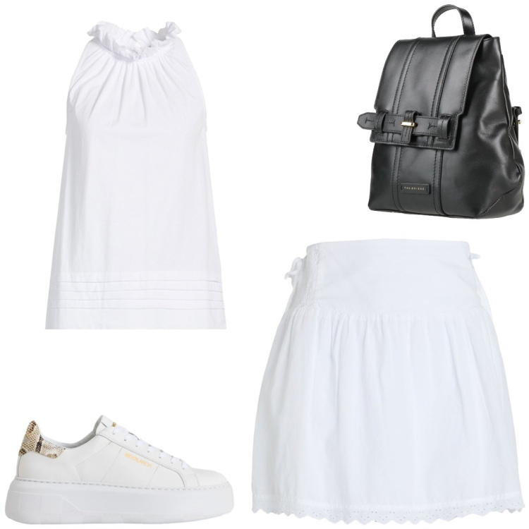 Outfit donna - Bianco d\'estate. Stile Romantica per Tutti i giorni. Abbinamento con minigonne, zaini, top, sneakers.