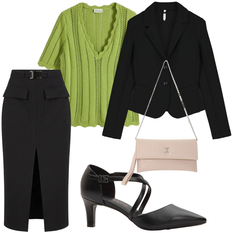 Outfit donna - Il verde ravviva. Stile Casual per Ufficio. Abbinamento con bluse, décolleté, gonne longuette, borse a tracolla, blazer.