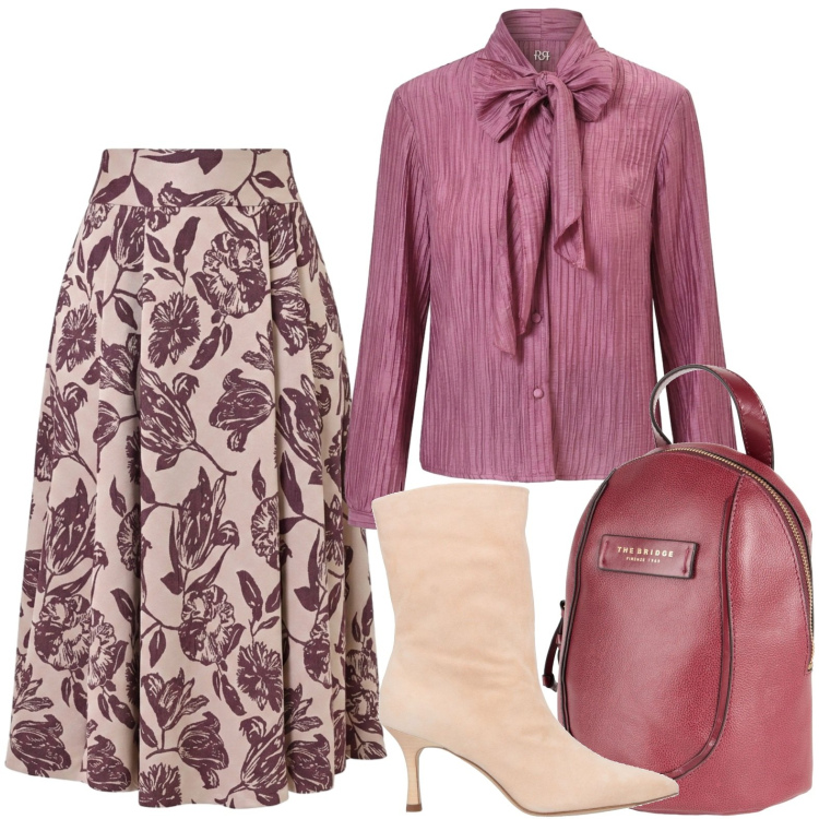 Outfit donna - Fiocco e stivali. Stile Glamour per Ufficio. Abbinamento con stivaletti, zaini, camicie, gonne longuette.