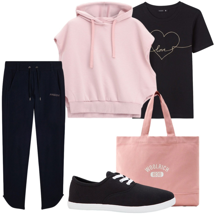 Outfit donna - Look sportivo. Stile Casual per Sport. Abbinamento con sneakers, t-shirt, pantaloni, borse tote, felpe con cappuccio.