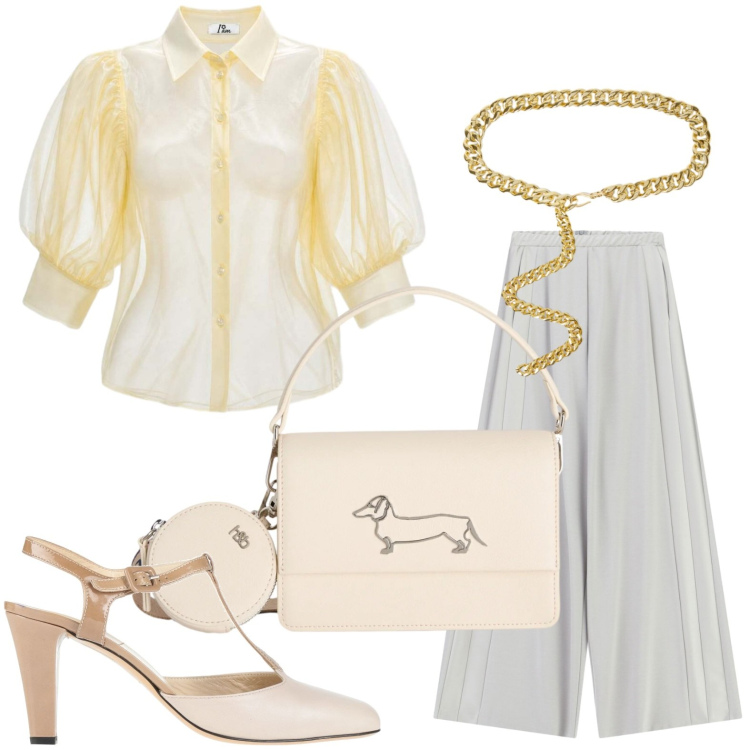 Outfit donna - Moda mania. Stile Glamour per Tutti i giorni. Abbinamento con décolleté, camicie a manica corta, borse a tracolla, cinture, pantaloni a palazzo.