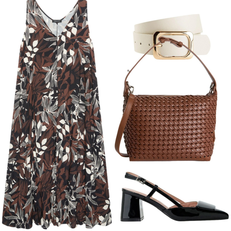 Outfit donna - Tonalità calde. Stile Glamour per Tutti i giorni. Abbinamento con cinture, borse a spalla, vestiti lunghi, décolleté.
