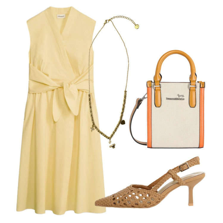 Outfit donna - Aperitivo d\'estate. Stile Chic per Serata fuori. Abbinamento con vestiti, borse tote, ciondoli, décolleté.