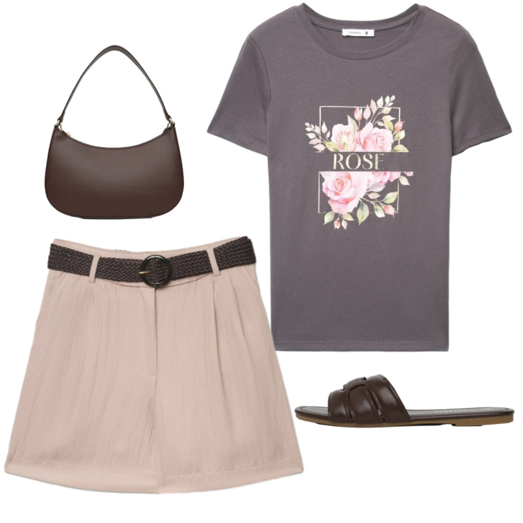 Outfit donna - Rose. Stile Basic per Tutti i giorni. Abbinamento con bermuda, t-shirt, borse a tracolla, ciabatte.