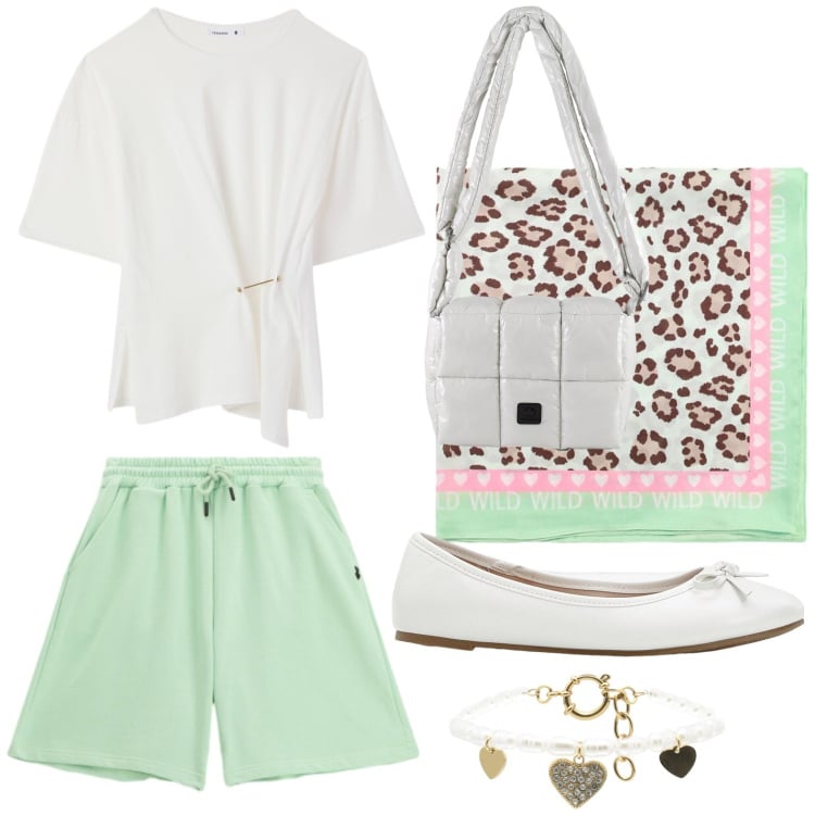 Outfit donna - T-shirt urban. Stile Casual per Tutti i giorni. Abbinamento con ballerine, t-shirt, foulard, bermuda, braccialetti, borse a spalla.
