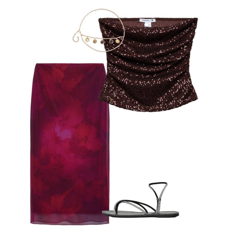 Outfit donna - Serata estiva. Stile Chic per Serata fuori. Abbinamento con gonne longuette, top, sandali, cinture.