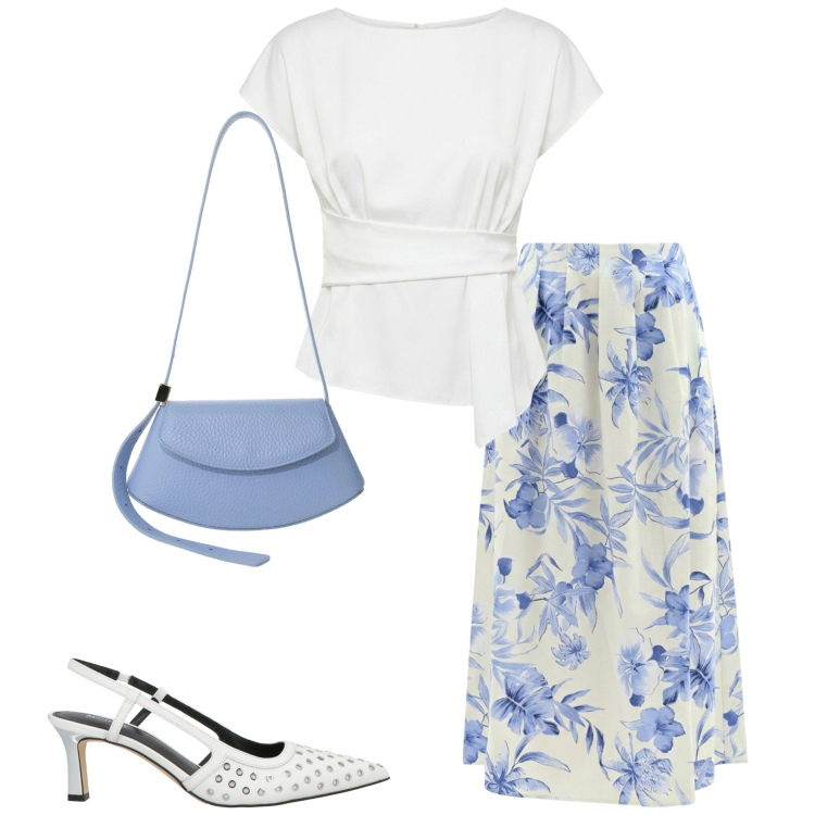 Outfit donna - Aperitivo d\'estate. Stile Casual chic per Serata fuori. Abbinamento con décolleté, gonne lunghe, bluse, borse a spalla.