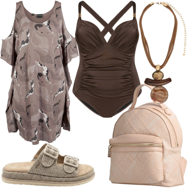 Outfit donna - Mare. Stile Casual chic per Mare. Abbinamento con zaini, vestiti da spiaggia, ciabatte, costumi interi, ciondoli.