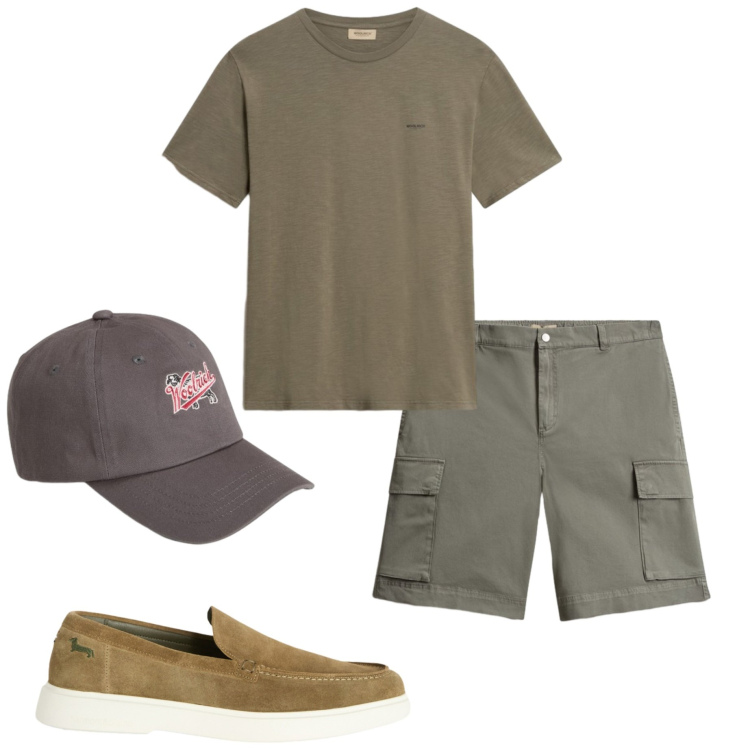 Outfit uomo - Safari Urbano. Stile Urban per Tutti i giorni. Abbinamento con scarpe stringate, pantaloni corti, cappelli con visiera, t-shirt.