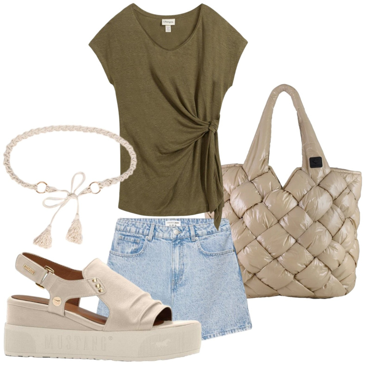 Outfit donna - Passeggiata in citta. Stile Casual per Tutti i giorni. Abbinamento con sandali, t-shirt, shorts, cinture, borse tote.