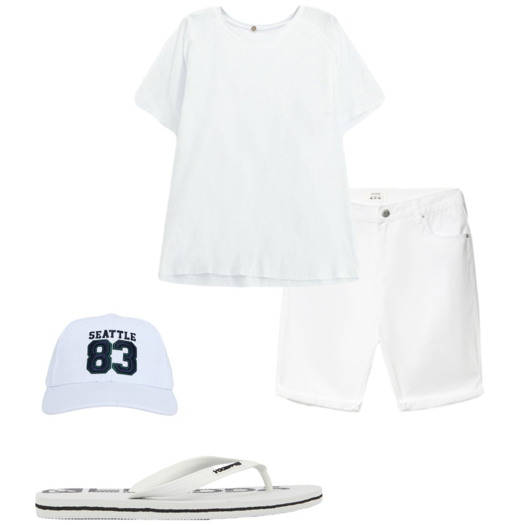 Outfit uomo - Total White. Stile Casual per Tutti i giorni. Abbinamento con cappelli, bermuda, sandali, t-shirt.