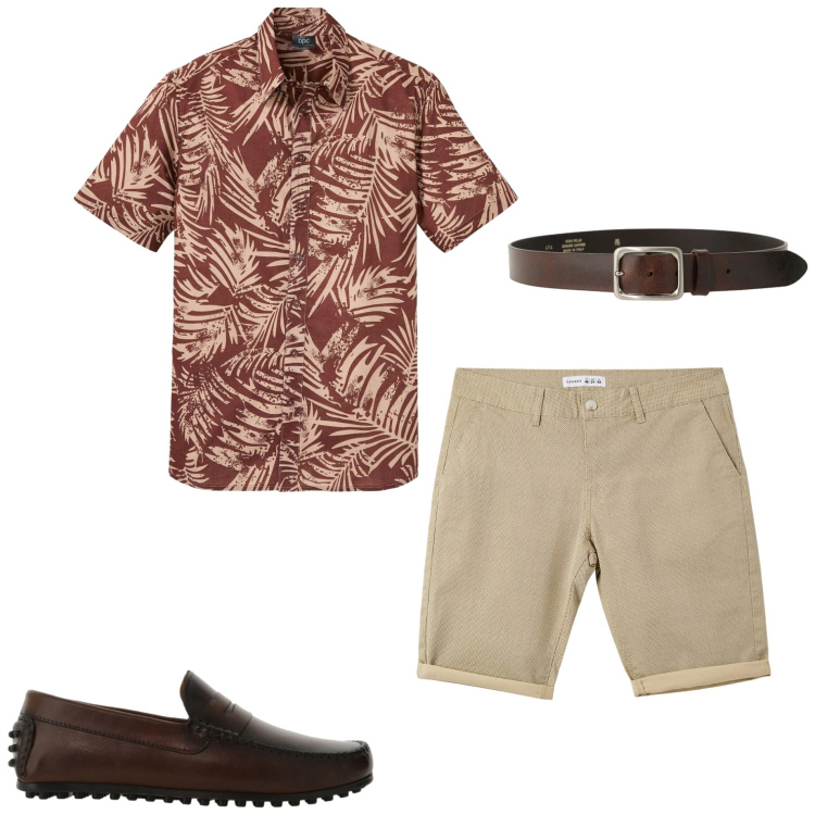 Outfit uomo - Pattern tropicale. Stile Casual per Tutti i giorni. Abbinamento con camicie a manica corta, pantaloni corti, scarpe stringate, cinture.